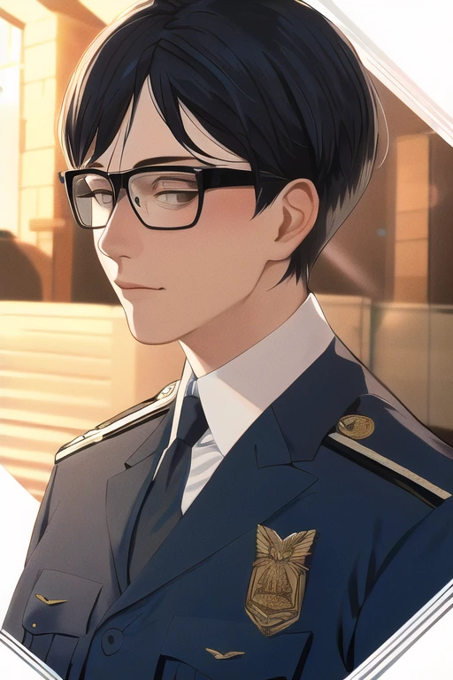 [NovelAI] salute very short hair short hair glasses sunlight Masterpiece man police uniform [Illustration]
